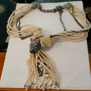 Chico's long pearl and silver zebra necklace
